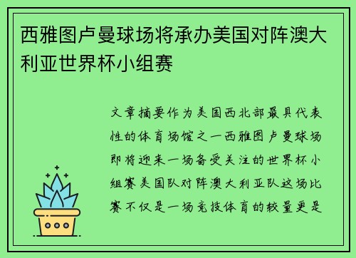 西雅图卢曼球场将承办美国对阵澳大利亚世界杯小组赛